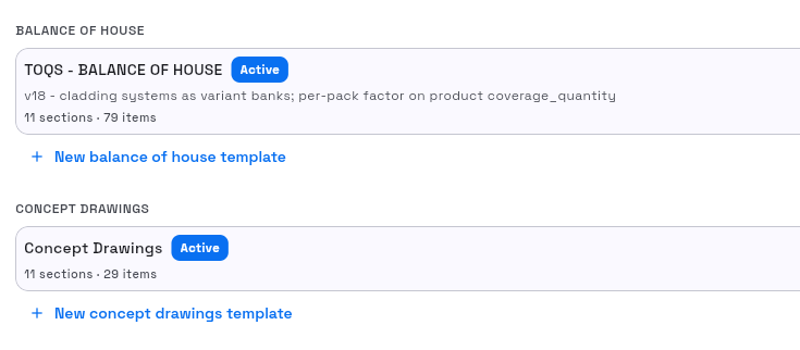BOQ templates grouped by job type