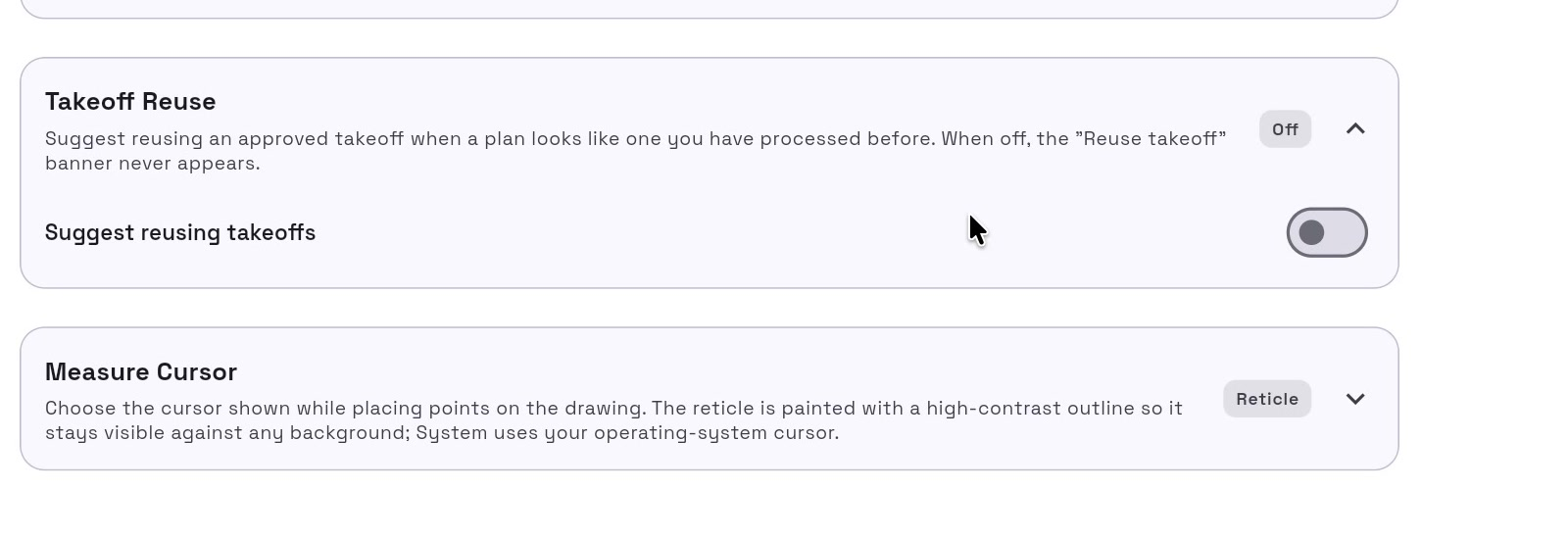 Takeoff Reuse and Measure Cursor settings