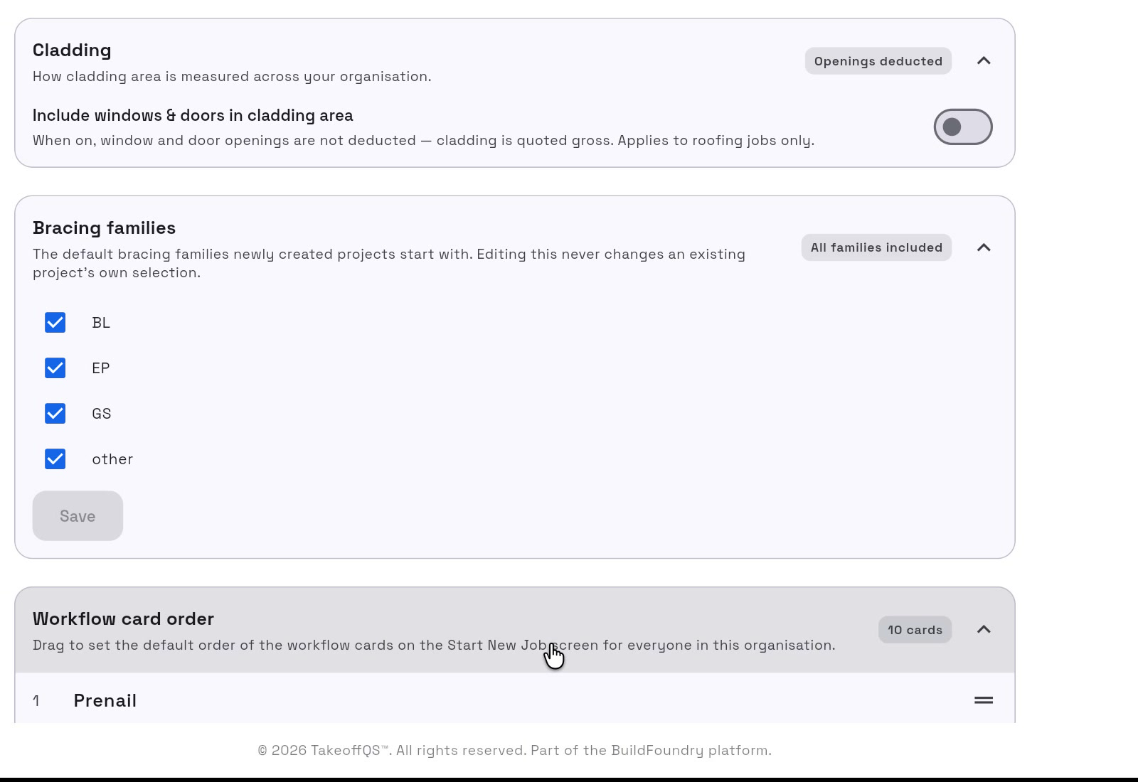 Cladding, Bracing families and Workflow card order settings