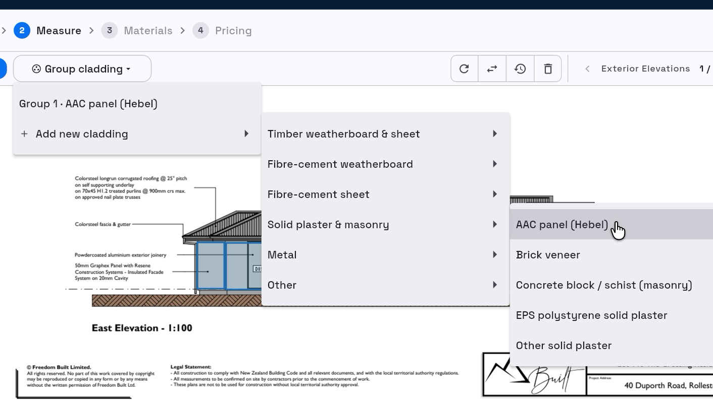 The Group cladding menu with a cladding type ready to select
