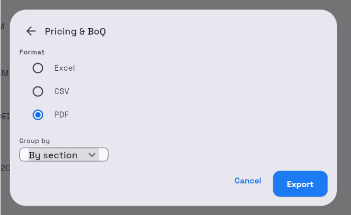 Pricing and BoQ export options