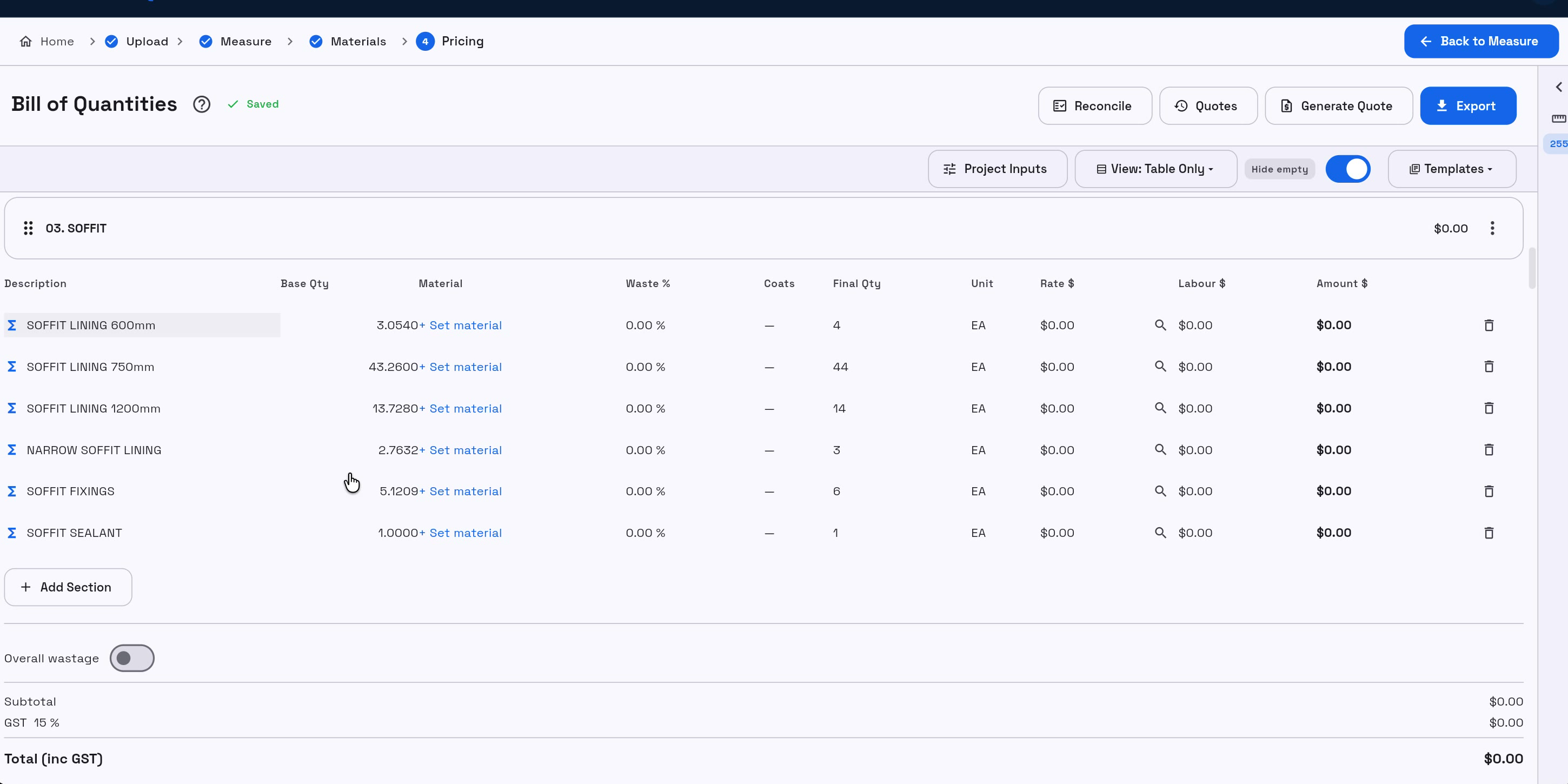 The Bill of Quantities, showing Project Inputs, Set material and the pricing columns