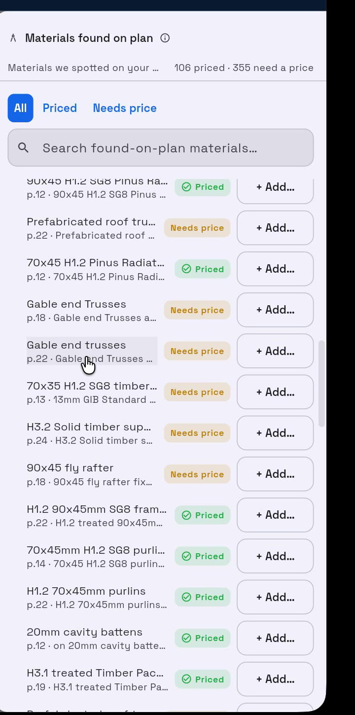Materials found on plan, with Priced, Needs price and Add controls