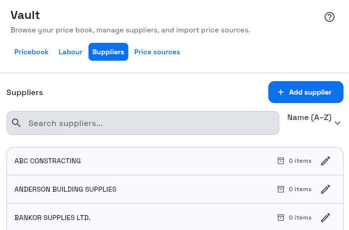 Supplier list in the Vault