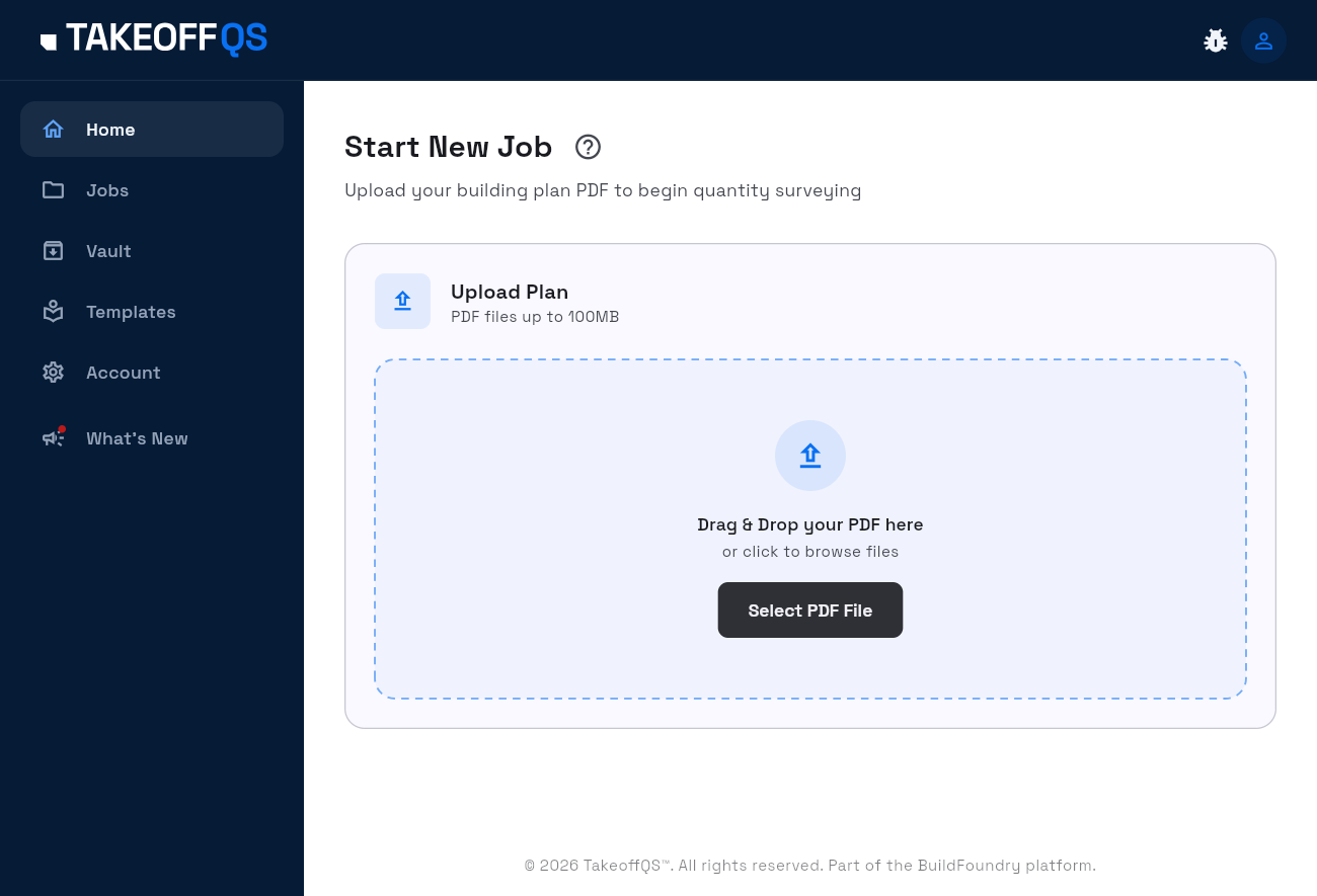 The Home screen, showing the Start New Job upload panel and the left rail