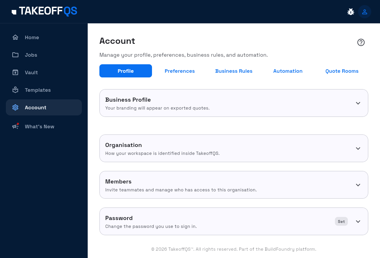 The Account page on the Profile tab, showing the Business Profile, Password and Delete account cards