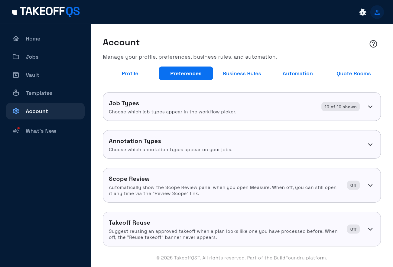 The Preferences tab, showing the Job Types, Annotation Types, Scope Review and Takeoff Reuse cards