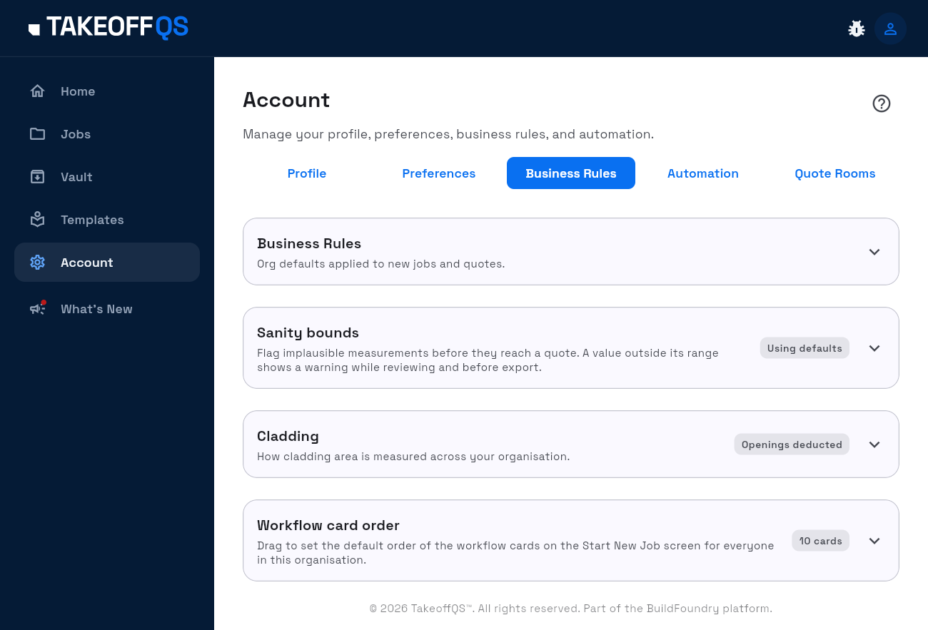 The Business Rules tab, showing the Business Rules, Sanity bounds, Cladding and Workflow card order cards